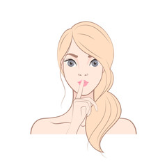 Cartoon blonde girl puts a finger to her lips