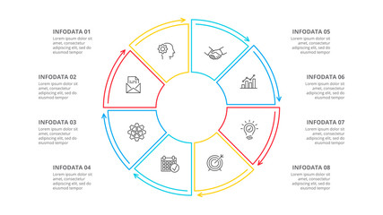 Thin line flat element for infographic. Template for diagram, graph, presentation and chart. Business concept with 8 options, parts, steps or processes.