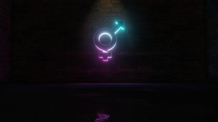 3D rendering of blue violet neon symbol of transgender icon on brick wall