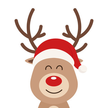 Reindeer cute cartoon close up with santa hat isolated white background. Christmas card