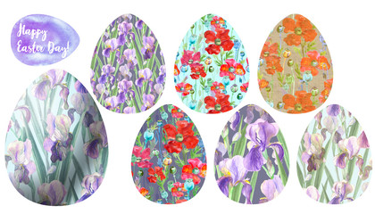 set of illustrations of 8 decorative Easter eggs with an ornament of watercolor flowers and floral elements
