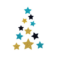 black, blue and yellow shining stars laid out in the shape of a Christmas tree. Isolate on a white background..