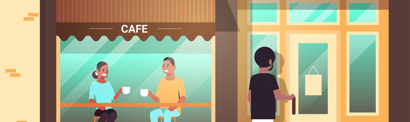 african american visitors having coffee break couple drinking hot beverages modern street cafe exterior portrait horizontal flat vector illustration