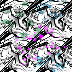 black and white abstract floral pattern with watercolor blots colorful and plastic lines drawn by hand   