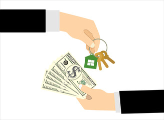 Hands with money and with keys. Real estate concept. Vector illustration in flat style