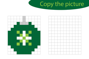 Fototapeta premium Copy the picture, pixel art, xmas ball cartoon, drawing skills training, educational paper game for the development of children, kids preschool activity, printable worksheet, vector illustration