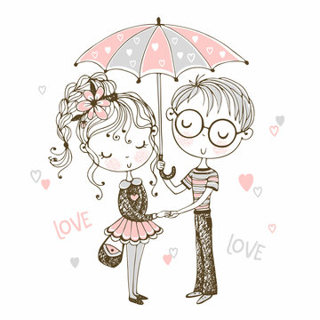 Cute boy and girl under umbrella. Rendezvous.Valentine. Vector