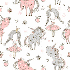 Seamless pattern with little princesses and unicorns. Vector