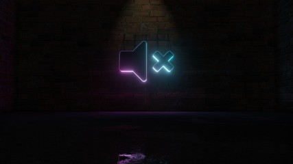 3D rendering of blue violet neon symbol of volume mute icon on brick wall