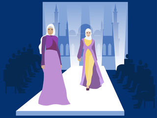 Fashion show. Muslim women models. Vogue industry. In minimalist style. Cartoon flat raster