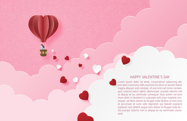 Illustration of love valentine's day banner with couple in hot air balloon and heart shape in paper cut style. Digital craft paper art.