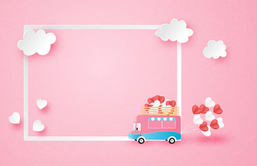 Illustration of love valentine's day advertisement poster with van and frame in paper cut style. Digital craft paper art.