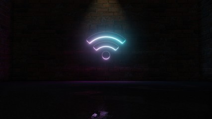 3D rendering of blue violet neon symbol of Wi-Fi icon on brick wall
