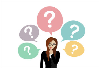 Thinking business woman standing under question marks. Young caucasian business woman thinking. Thinking business woman surrounded by question marks. Vector flat design illustration.