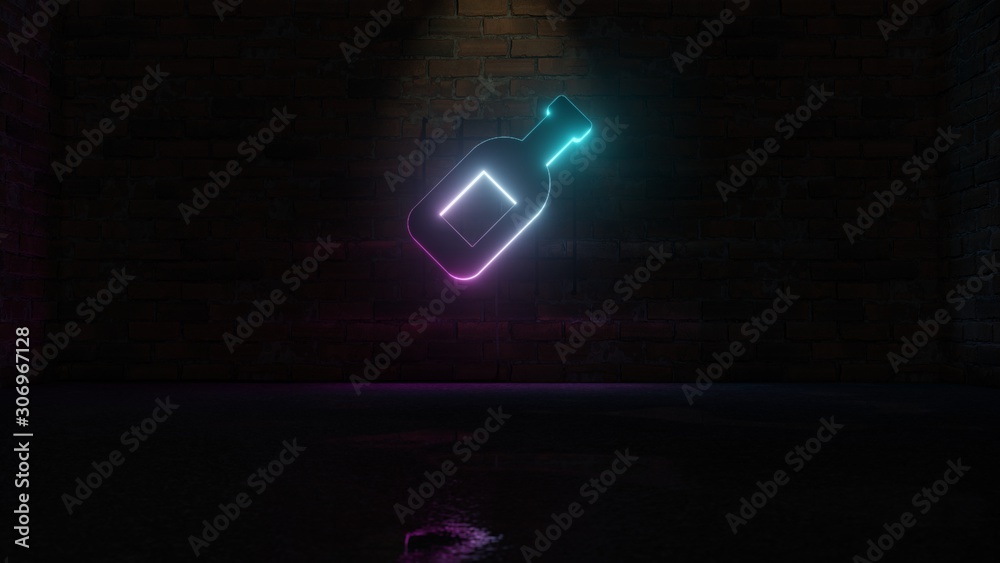 Wall mural 3d rendering of blue violet neon symbol of wine bottle icon on brick wall