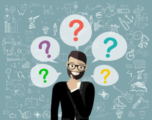 Thinking business man standing under question marks. Young caucasian business man thinking. Thinking business woman surrounded by question marks. Vector flat design illustration.