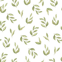 illustration watercolor seamless pattern of green branches with leaves on a white background. spring summer mood. for cards, design, fabric, paper.
