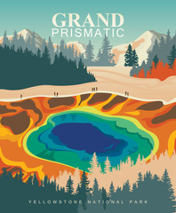 Grand Prismatic Spring on vector colorful poster. Yellowstone national park