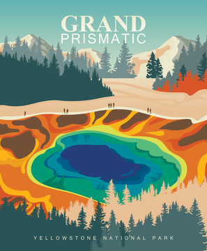 Grand Prismatic Spring On Vector Colorful Poster. Yellowstone National Park