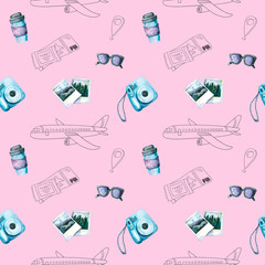 Seamless pattern with watercolor and outline coffee, sunglasses, plane, camera. Hand painted illustration isolated on pink. Tourist template is perfect for wallpaper, fabric textile, travel design