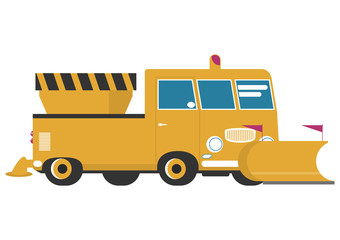 Snow plow. A simplified cartoon snow plow. Side view. Flat vector.