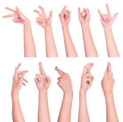 Woman hand hold gesture showing isolated on white background