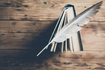 feather on book on the wooden table