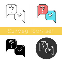 Question and answer icon. FAQ sign. Question mark in speech bubble. Ask and answer. Chat, dialogue. Discussion and conversation. Flat design, linear and color styles. Isolated vector illustrations