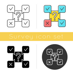 Fototapeta premium Online survey icon. Questions and answers sign. Correct and wrong checkmark. Questionnaire. Chat, communication. Opinion poll. Flat design, linear and color styles. Isolated vector illustrations