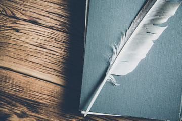 feather on book on the wooden table