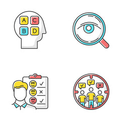 Survey methods color icons set. Analysis. Interview. Emotional opinion. Target population. Public opinion. Personality test. Customer review. Feedback. Sociology. Isolated vector illustrations