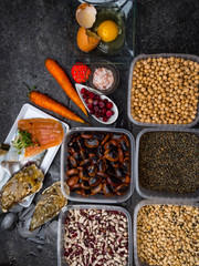 Assortment of healthy food containing iodine. Natural products rich in I, vitamins, micronutrients. Useful food for health and balanced diet. Prevention of avitaminosis.