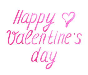 Happy Valentine's day text, hand lettering with heart. Watercolor, isolated on white background