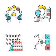 Survey methods color icons set. Group administered questionnaire. High rating. Testimonial. Public opinion. Customer audio review. Event evaluation, expert survey. Isolated vector illustration