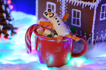 The hand-made eatable gingerbread house, marshmallow snowman  in mag,  New Year tree, snow...