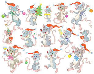 Collection of funny gray rats in red Santa hats. The symbol of the new year. In cartoon style. Isolated on  white background. Vector illustration