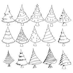 Set of Christmas Tree Drawing illustration Hand drawn doodle Sketch line vector eps10