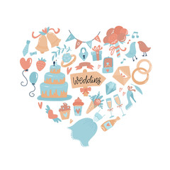 Wedding icons arranged in Heart shape. Hand drawn doodle Love Wedding Set. Engagement concept. Valentine's day print. Couple in love and romantic - dress, tart, cake, champagne with lettering