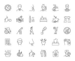 Common cold linear icons set. Influenza treatment. Disease cure, illness. Cough, sore throat. Vaccination. Headache. Thin line contour symbols. Isolated vector outline illustrations. Editable stroke