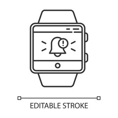 Obraz premium Push notifications smartwatch function linear icon. Alert box with specified message to user. Bell symbol.Thin line illustration. Contour symbol. Vector isolated outline drawing. Editable stroke