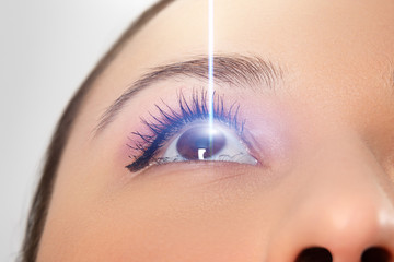woman's eye close-up. Laser beam on the cornea. Concept of laser vision correction