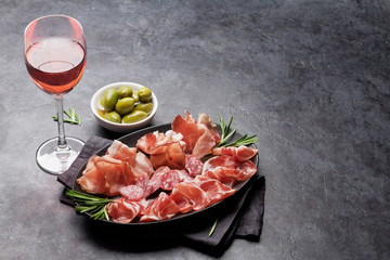 Spanish jamon, prosciutto crudo ham, italian salami