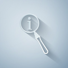Paper cut Magnifying glass and information icon isolated on grey background. Search with information sign. Paper art style. Vector Illustration