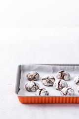 Chocolate crinkle cookies on white background