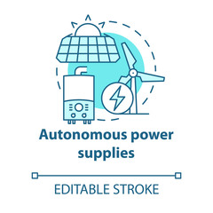 Autonomous power supplies turquoise concept icon. Sustainable smart house idea thin line illustration. Producing energy. Sun batteries and windmills. Vector isolated outline drawing. Editable stroke
