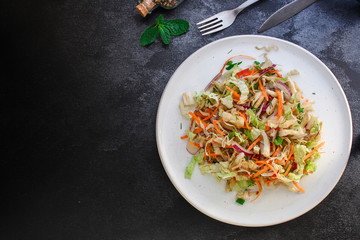 vegetable salad (Chinese cabbage, carrot, onion, lettuce, mix salad, pumpkin) menu concept. food background. top view. copy space