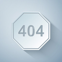 Paper cut Page with a 404 error icon isolated on grey background. Template reports that the page is not found. Paper art style. Vector Illustration