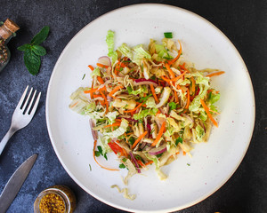 vegetable salad (Chinese cabbage, carrot, onion, lettuce, mix salad, pumpkin) menu concept. food background. top view. copy space