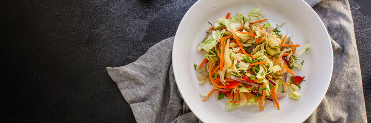 vegetable salad (Chinese cabbage, carrot, onion, lettuce, mix salad, pumpkin) menu concept. food background. top view. copy space