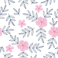 Floral seamless pattern with hand drawn pink flowers and leaves for textile, wallpapers, gift wrap and scrapbook. Vector illustration.